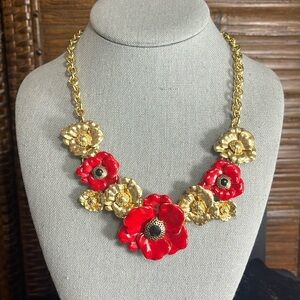 Talbots Floral Enamel Poppy Red, Black, and Gold Tone Bib Necklace